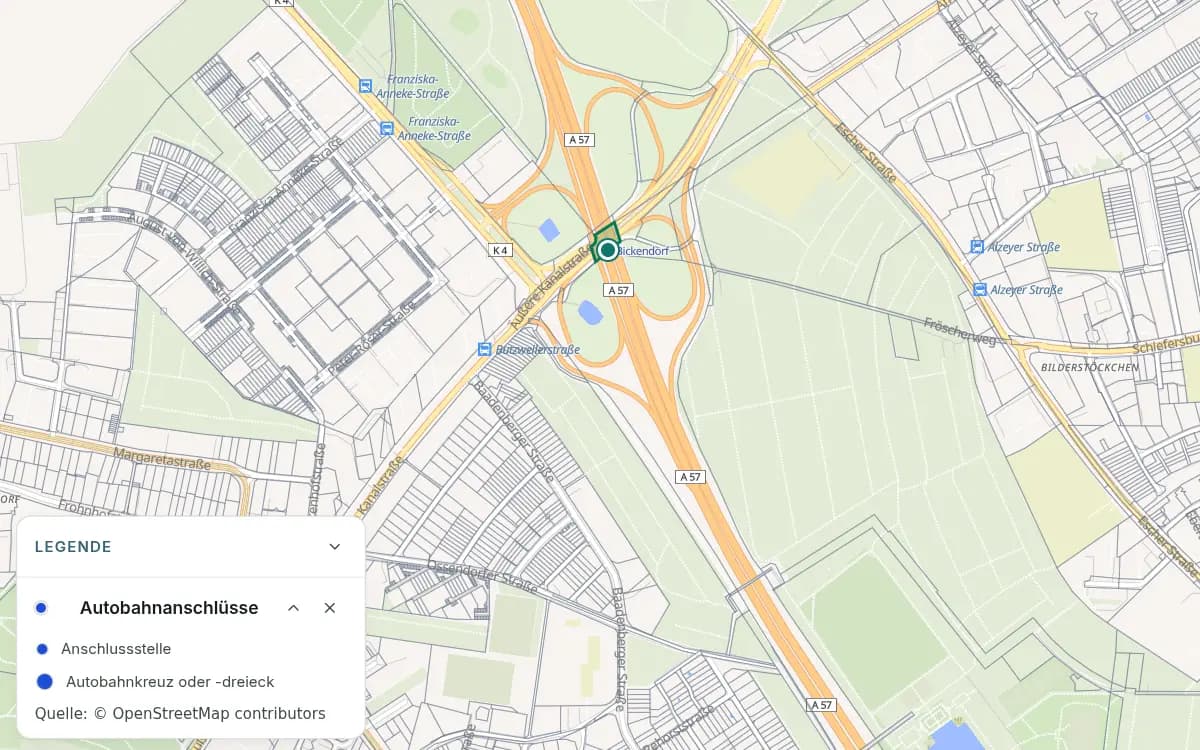 Anschlussstelle Bickendorf in Köln mit den Auf- und Abfahrten der Autobahn und einer markierten Stelle. Die offene Legende unterscheidet Anschlussstellen sowie Autobahnkreuze und -dreiecke durch unterschiedlich große blaue Punkte.