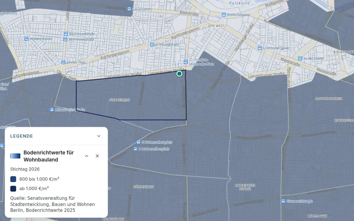 Berlin-Wilmersdorf mit Bodenrichtwertzonen in Blautönen und einer markierten Stelle am Rand einer dunkel umrandeten Zone. Die Legende zeigt für Wohnbauland die Stufen 600 bis 1.000 €/m² und ab 1.000 €/m².