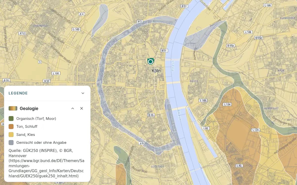 Köln mit gelben, braunen, grünen und grauen Flächen der geologischen Karte sowie einer Markierung in der Innenstadt. Die Legende unterscheidet Torf und Moor, Ton und Schluff, Sand und Kies sowie gemischte Flächen oder Flächen ohne Angabe.