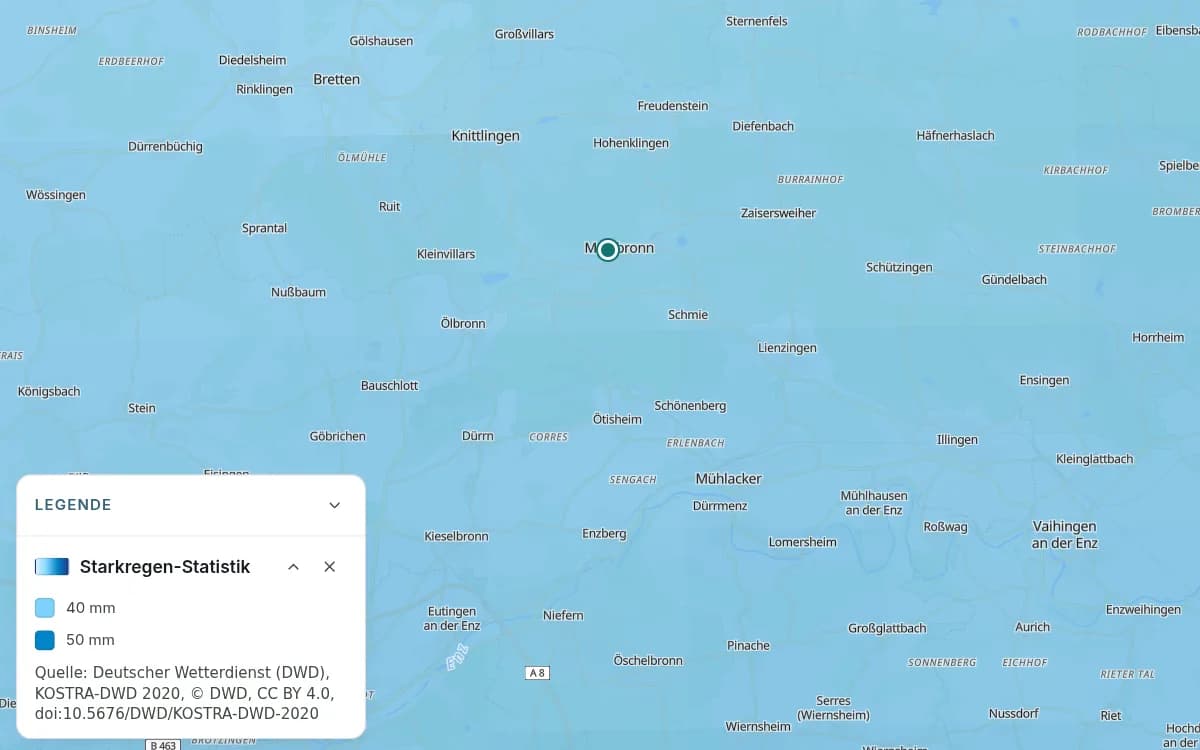 Maulbronn und Umgebung mit blauen Rasterfeldern der Starkregen-Statistik und einer Markierung bei Maulbronn. Die Legende zeigt die Regenmengen 40 mm und 50 mm.