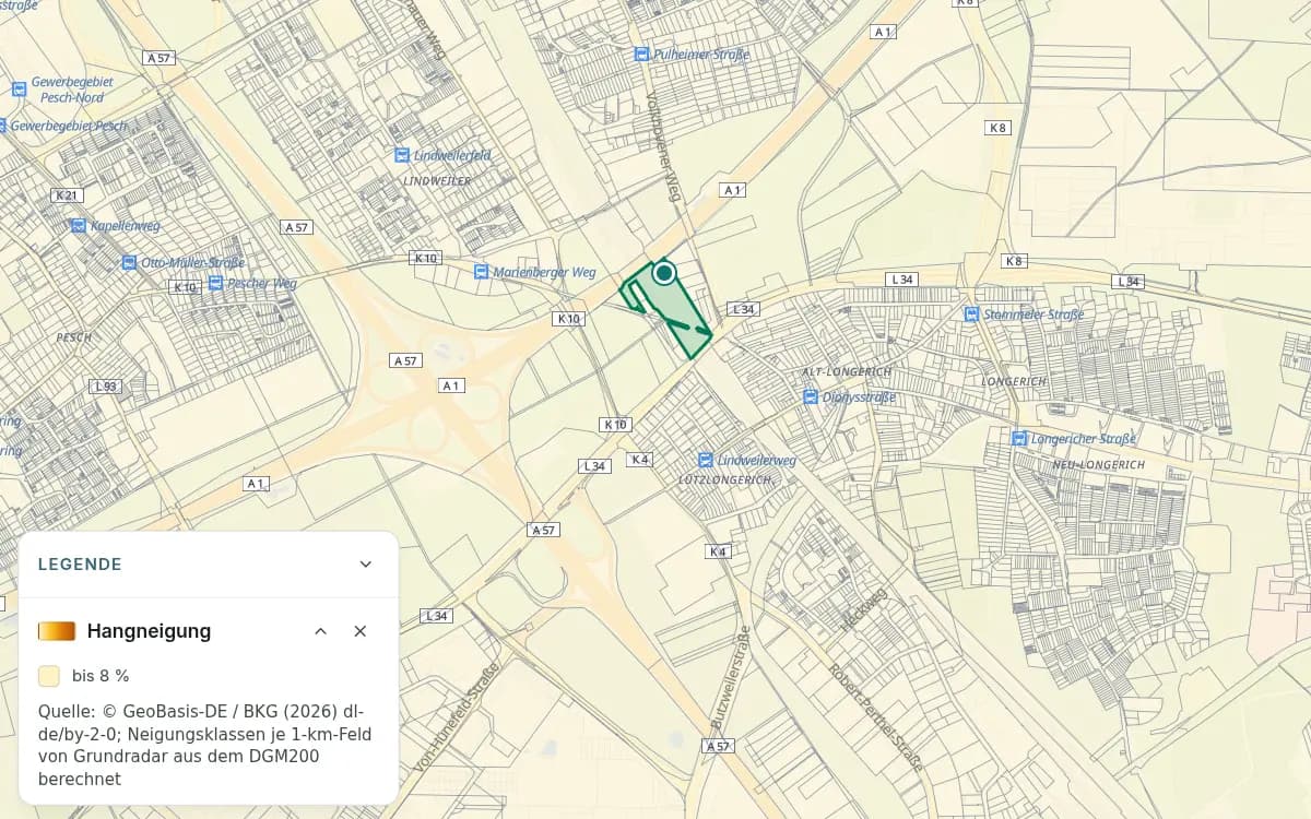 Helles Hangneigungsfeld am Kölner Beispielpunkt mit Legendenstufe „bis 8 %“.