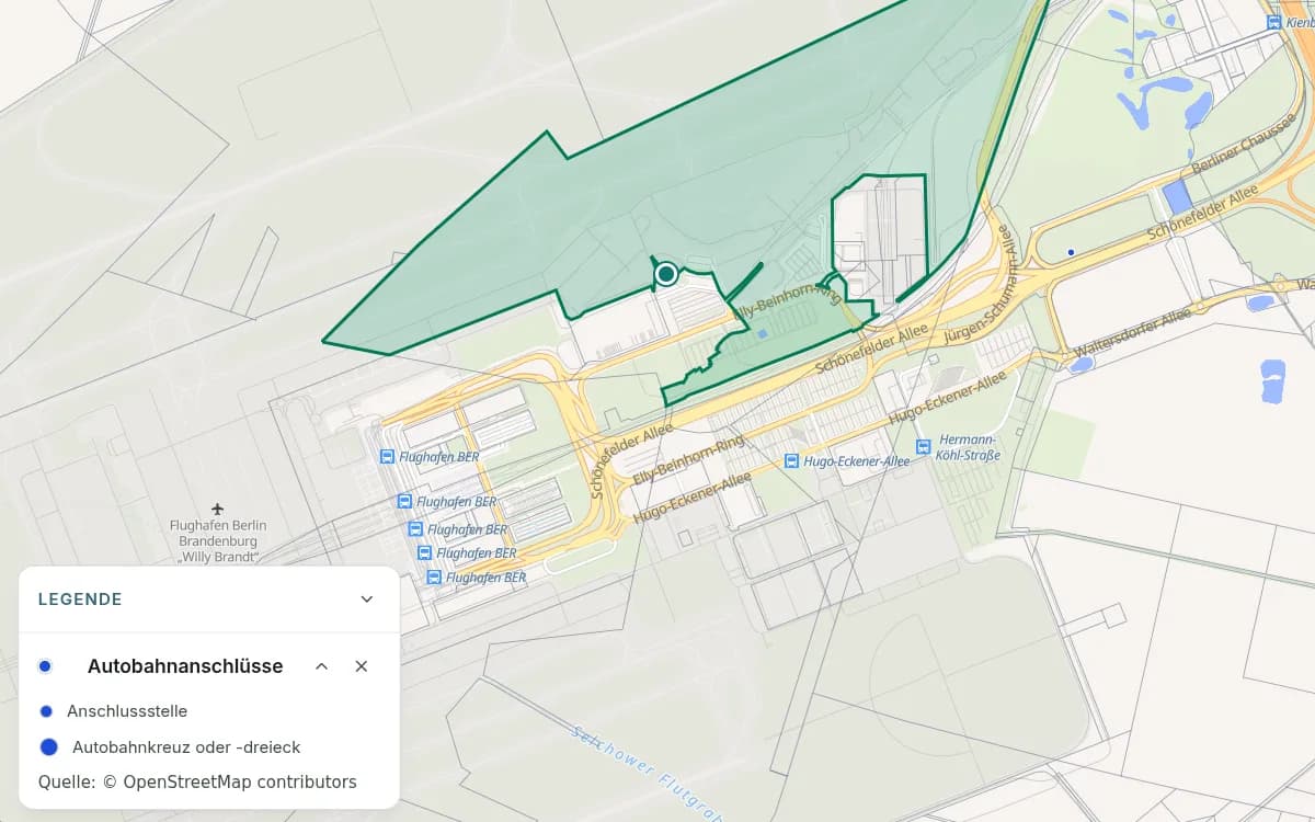 Karte des Flughafenareals in Schönefeld mit eingeschalteten Autobahnanschlüssen und Legende für blaue Punktsymbole.