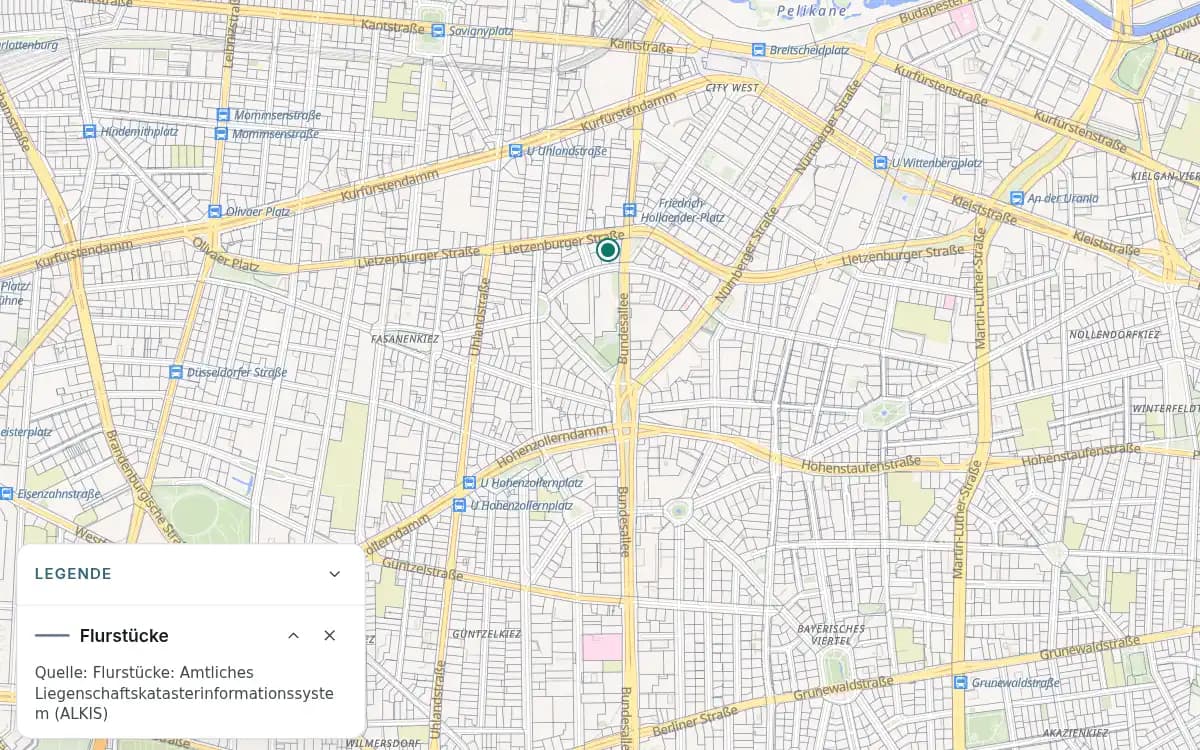 Flurstücksgrenzen rund um die Lietzenburger Straße in Berlin mit markiertem Beispielpunkt und geöffneter Legende.