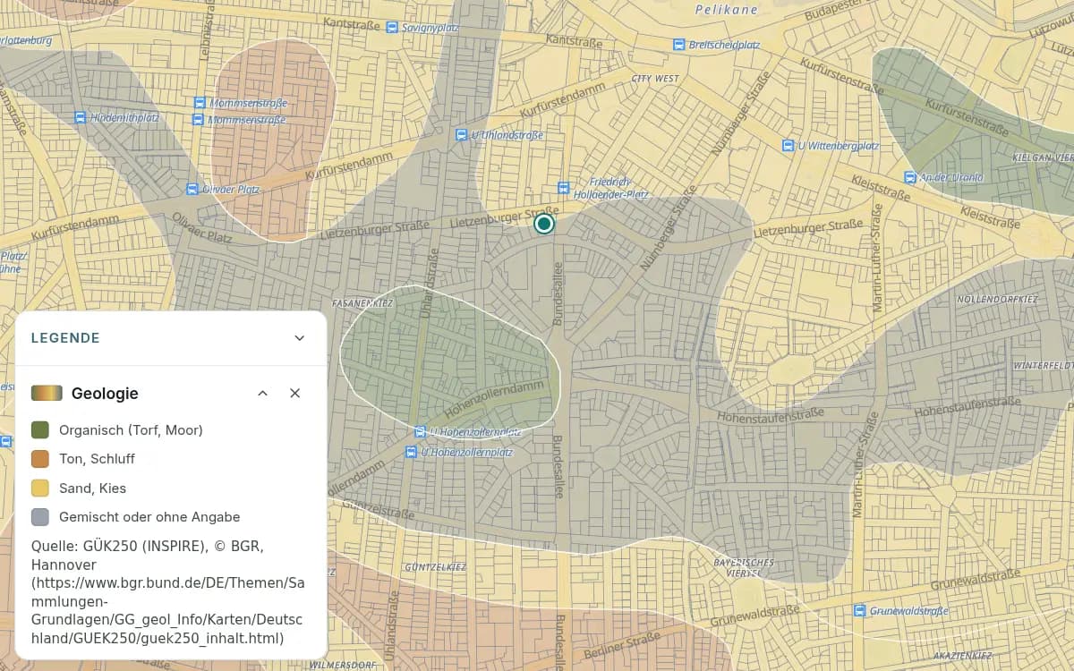 Geologische Flächen unterschiedlicher Farben in Berlin; der Beispielpunkt liegt in einer grauen Fläche.