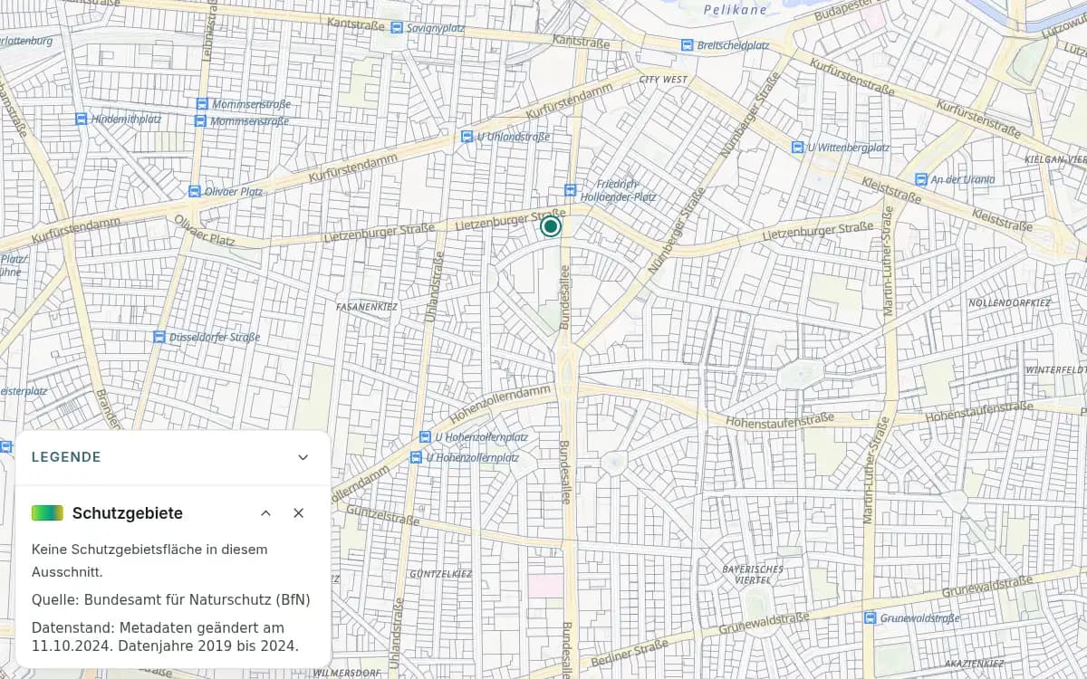 Berliner Straßenkarte mit eingeschalteten Schutzgebieten; die Legende meldet keine Schutzgebietsfläche im Ausschnitt.
