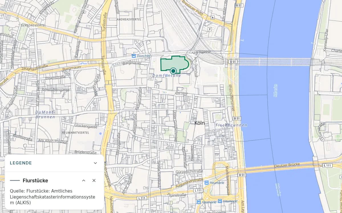 Flurstücksgrenzen in der Kölner Innenstadt mit Beispielpunkt am Dom und geöffneter Flurstückslegende.